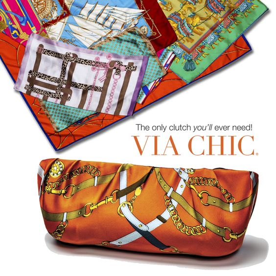Via Chic — the only clutch you'll ever need, shown in an equestrian silk scarf wrap