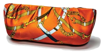Via Chic One-Clutch in orange silk with a gold equestrian chain and belt print