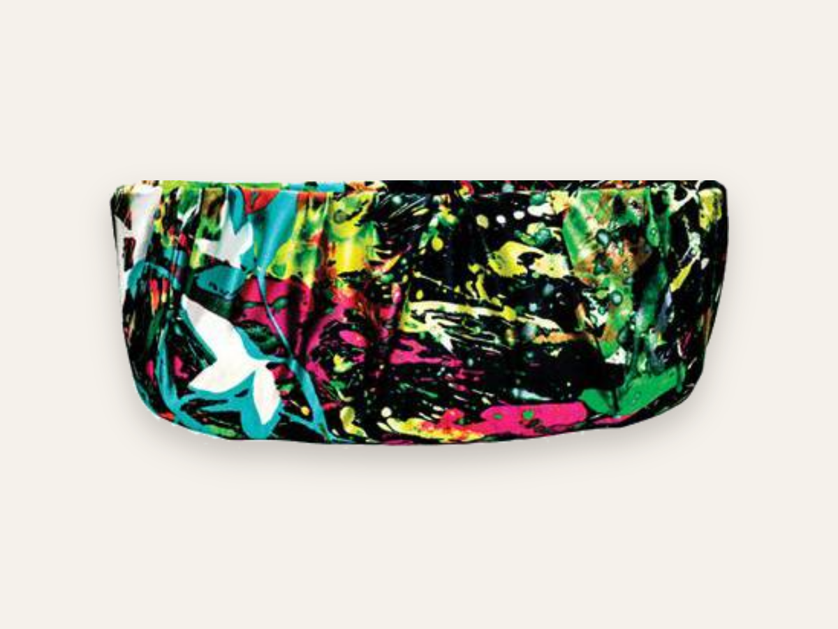 Via Chic One-Clutch wrapped in a colorful tropical floral print fabric